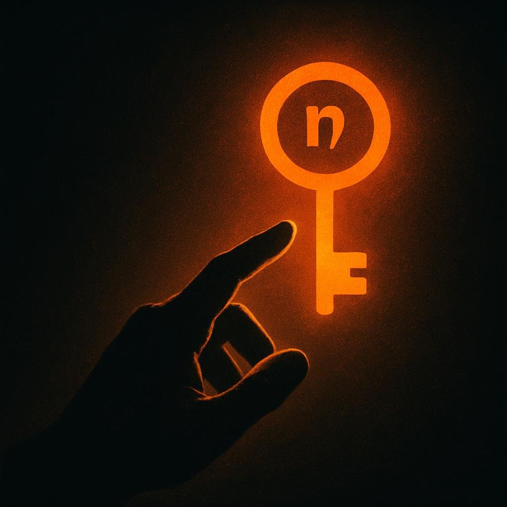 A glowing orange cryptographic key floating in dark space, symbolizing self-sovereign identity
