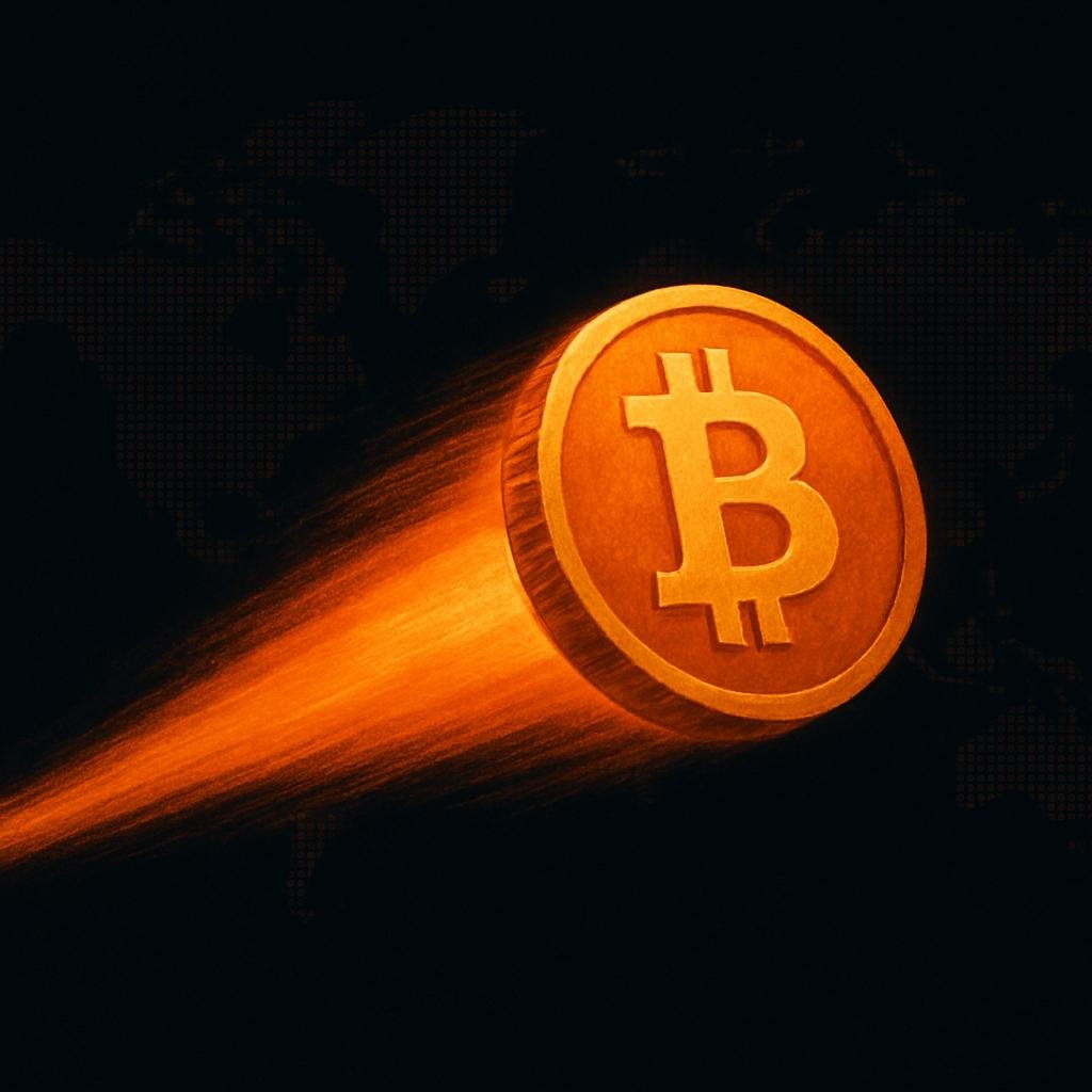 A glowing Bitcoin coin flying through the air across a dark world map, symbolizing instant cross-border payment