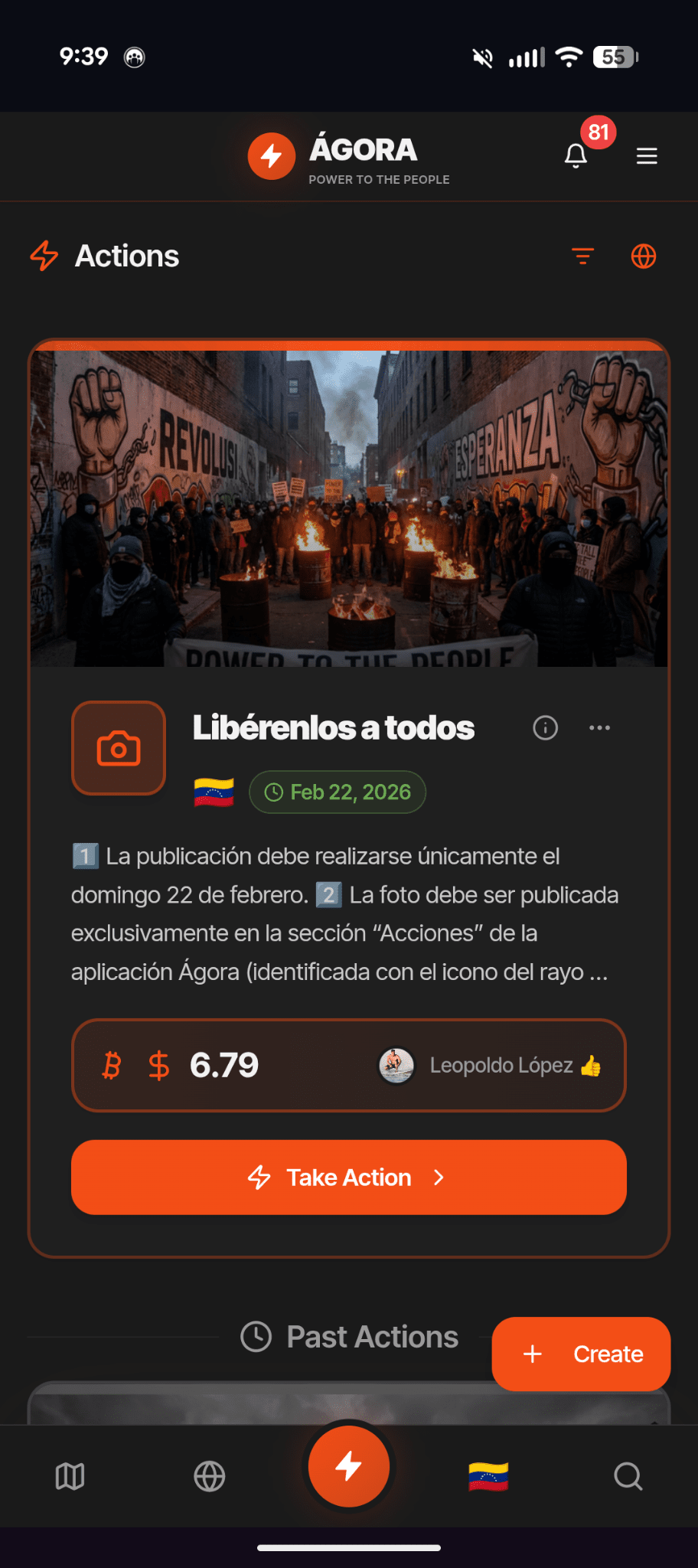 Agora active actions feed showing a Venezuela challenge