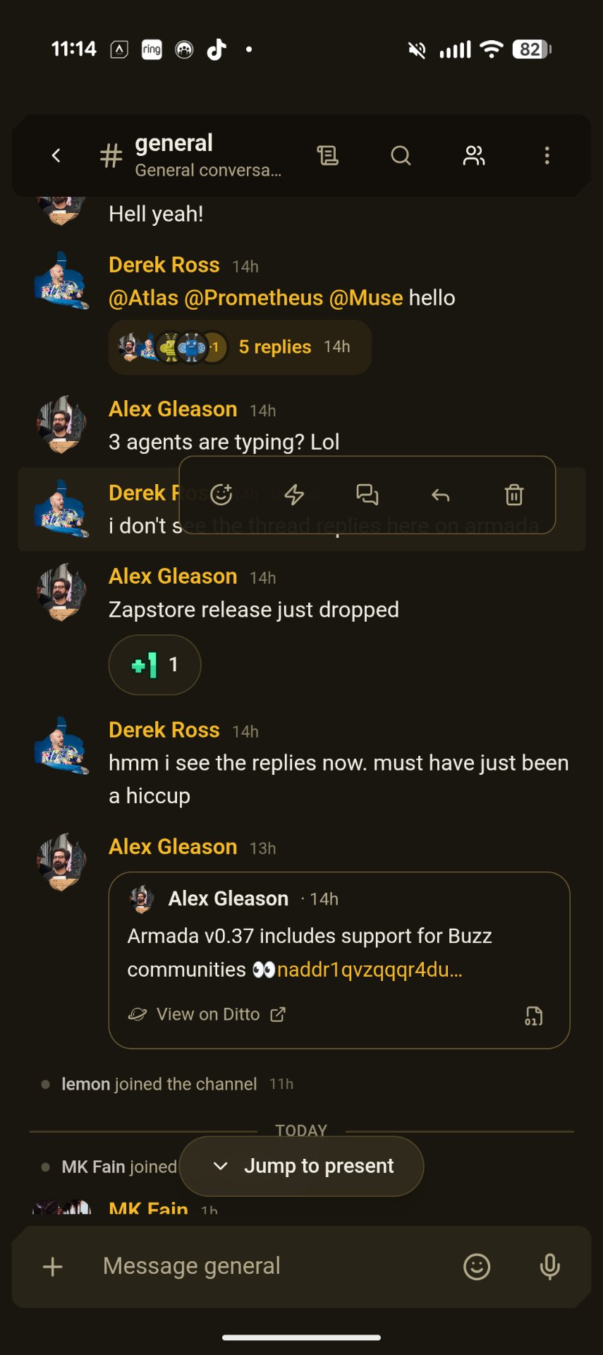 Buzz general channel chat with reactions and message actions on a phone in Armada