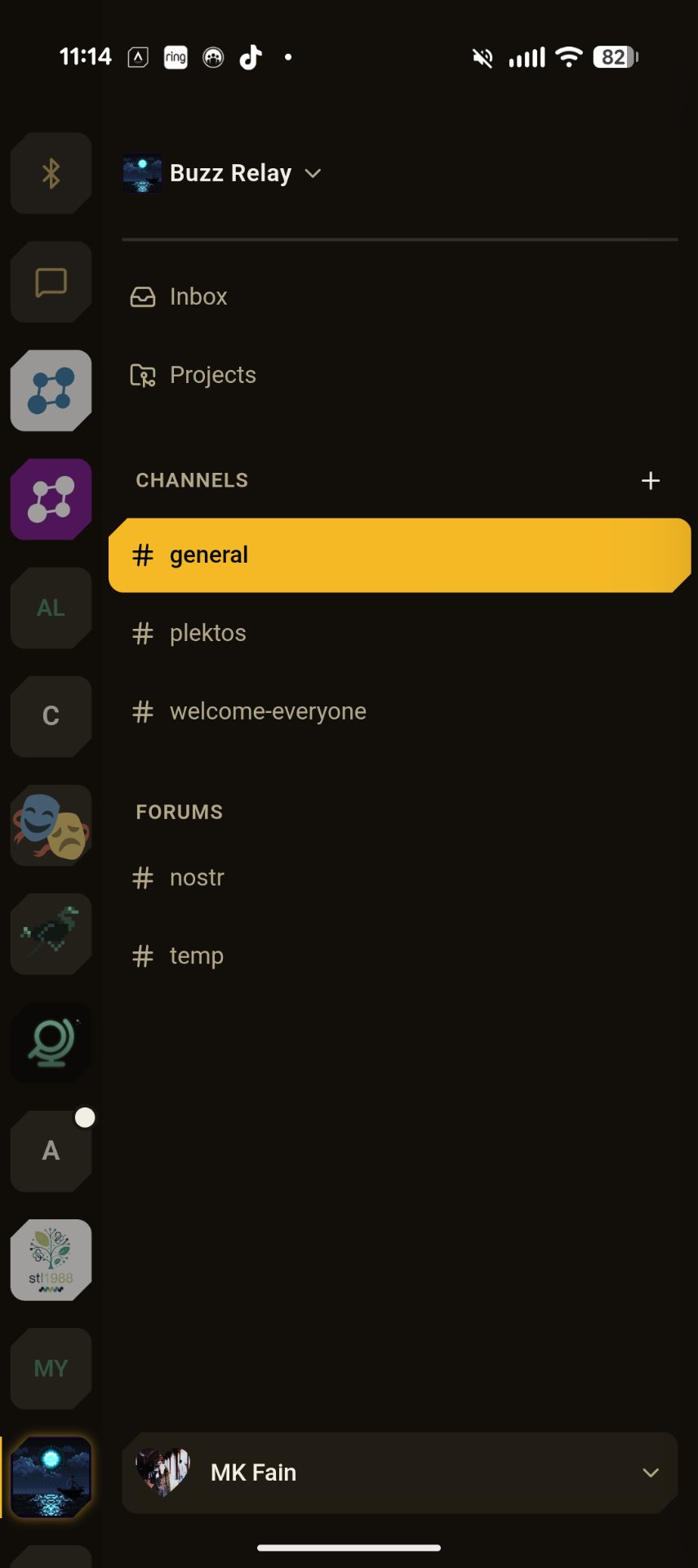 Buzz community sidebar in the Armada Android app showing channels, forums, Inbox, and Projects on a phone