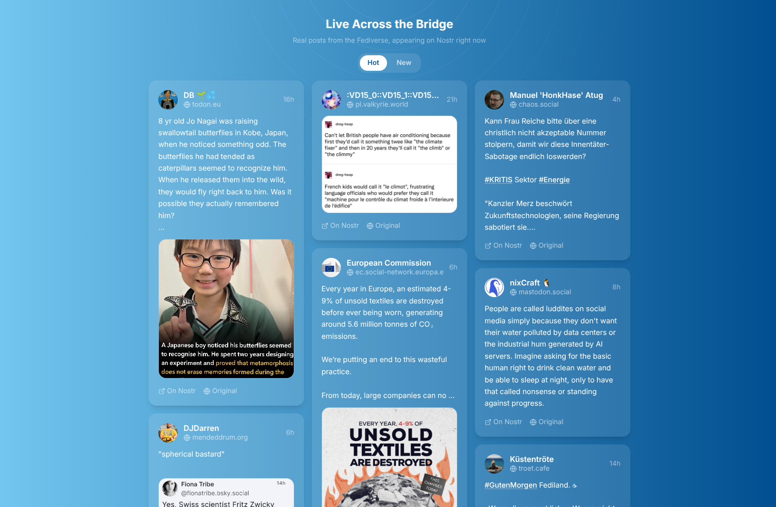 mostr.pub showing hot posts from across the bridge: real posts from the Fediverse appearing on Nostr, with Hot and New tabs