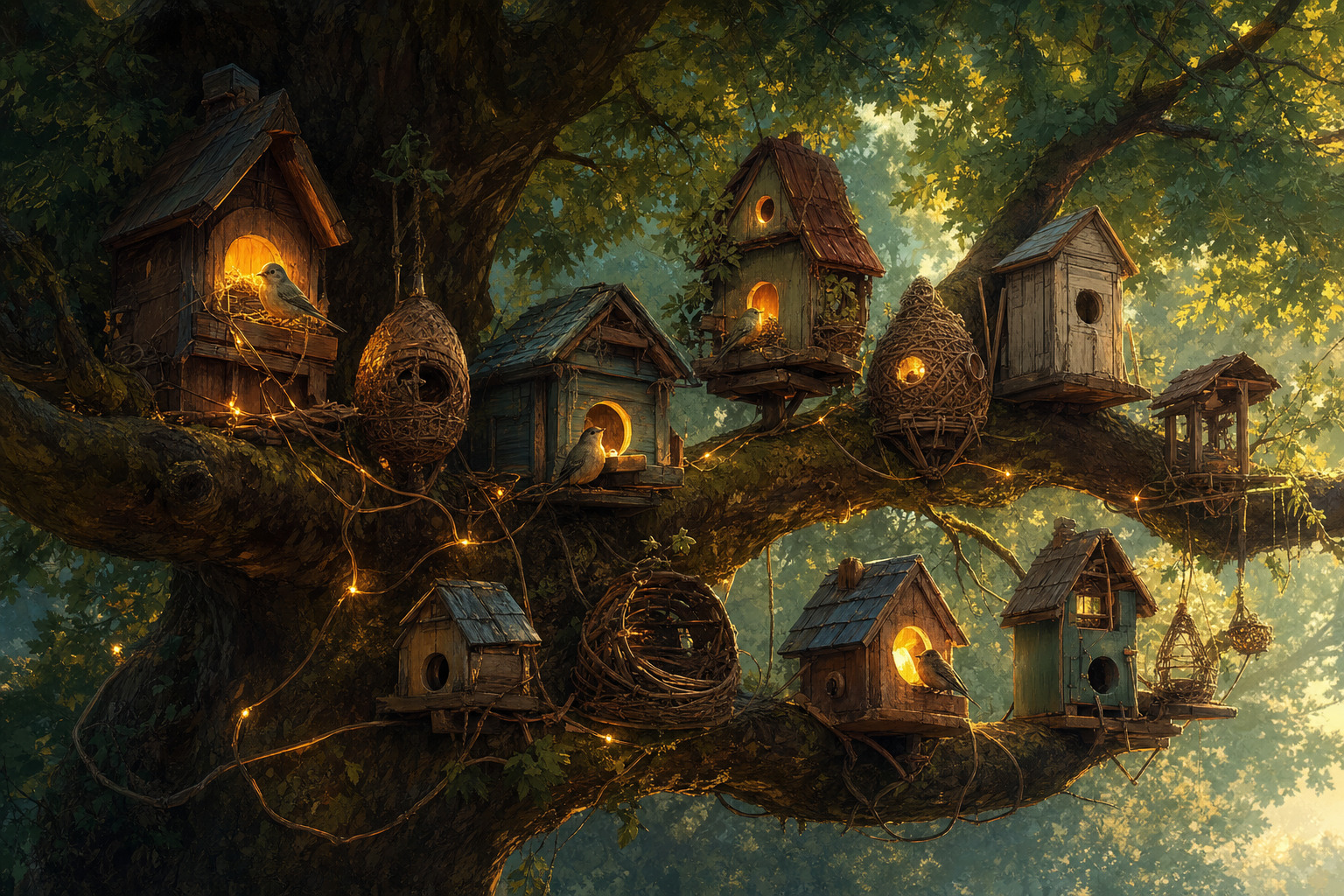 A row of handmade birdhouses and nests wired together along a tree branch, some glowing warmly and lively, others dim or half-built, like compatibility tiers rating how well each app implements the NIPs