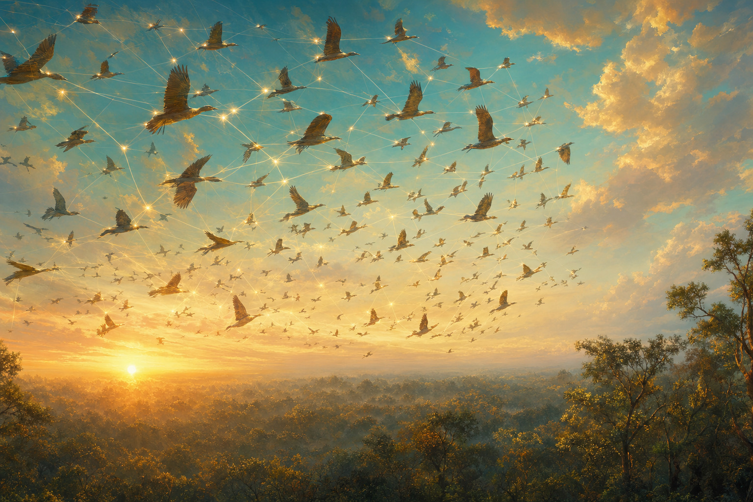 A vast flock of migrating birds across the dawn sky, linked bird to bird by threads of light into a living web of trust, the wider Nostr developer community