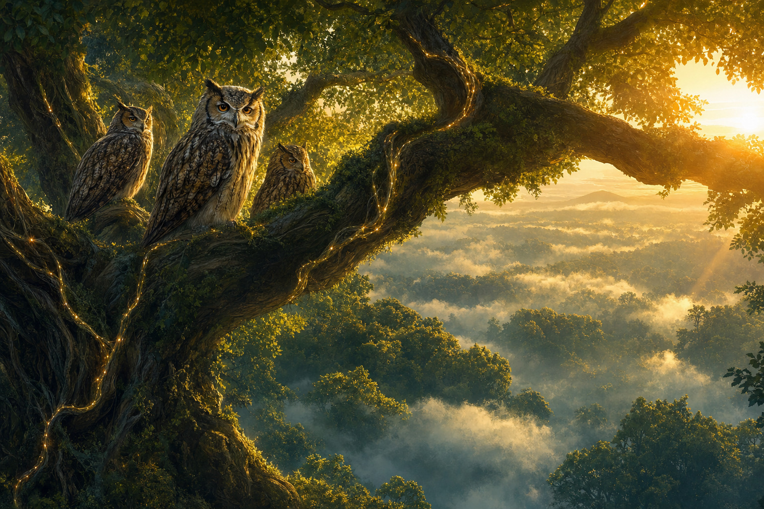Wise owls perched high in an ancient tree at dawn, keeping watch over a misty forest valley, like the trusted experts whose approvals make NIPs official on NostrHub