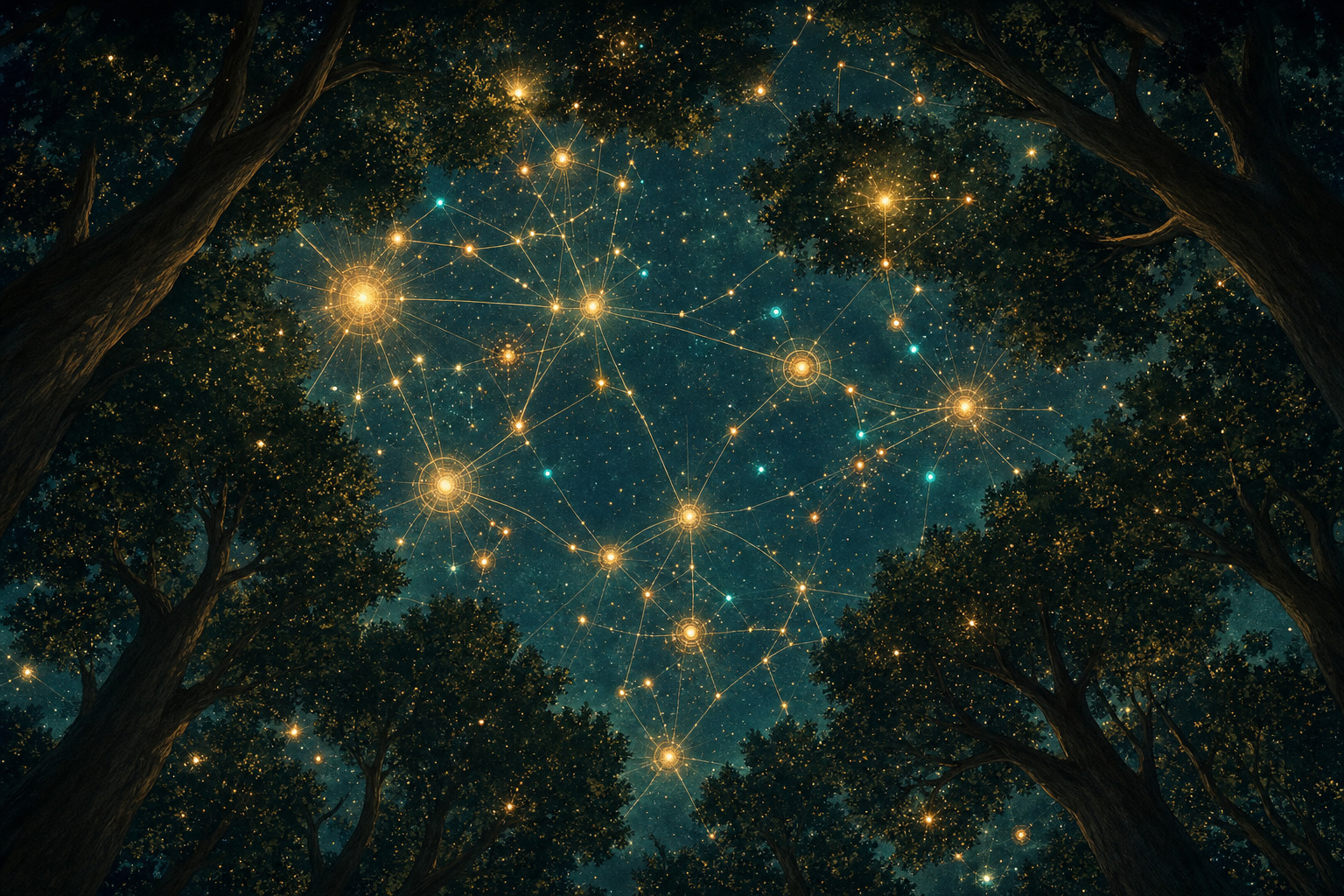 The NostrHub plan graph seen as a constellation through a forest canopy at night, glowing nodes and little suns linked by threads of light, mapping the goals, problems, and people building Nostr