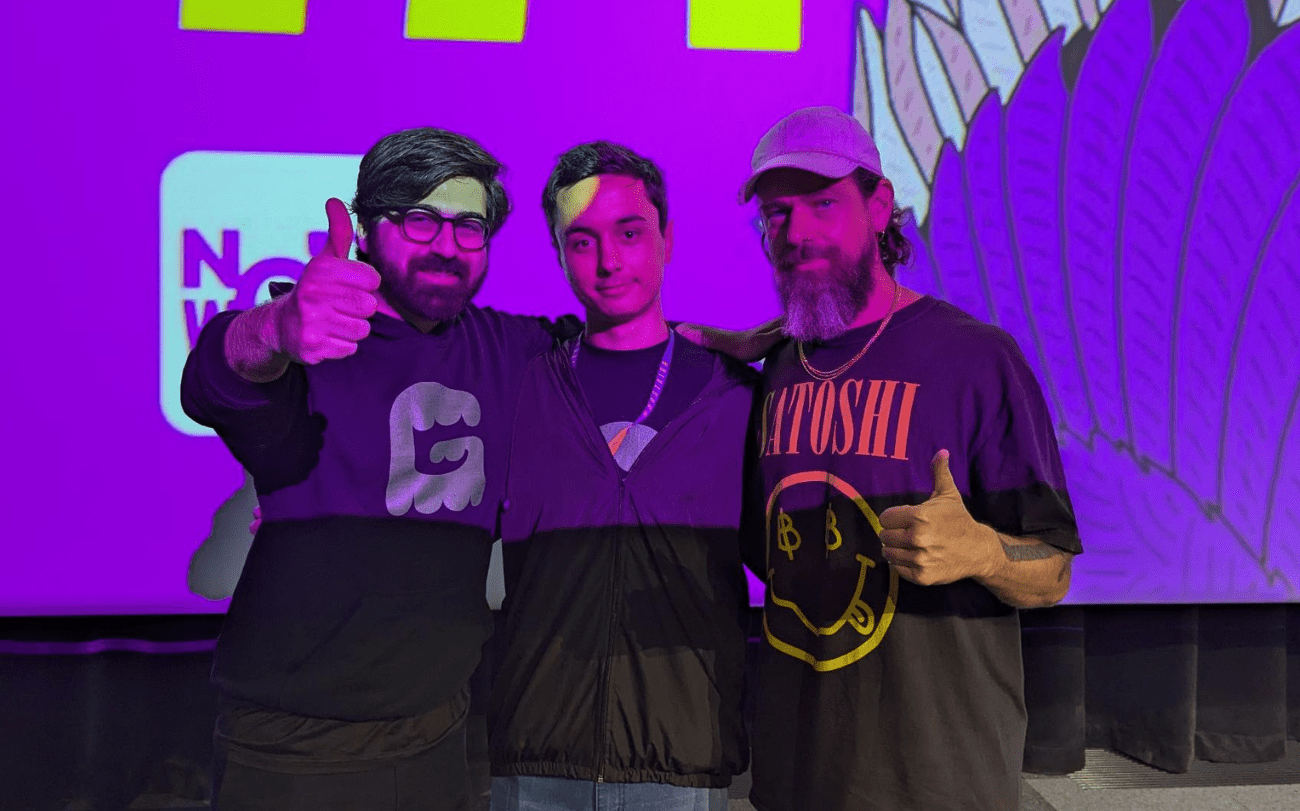 Alex Gleason with Soapbox mentee Patrick DosReis, and Jack Dorsey (Nostr World: Riga, 2024)